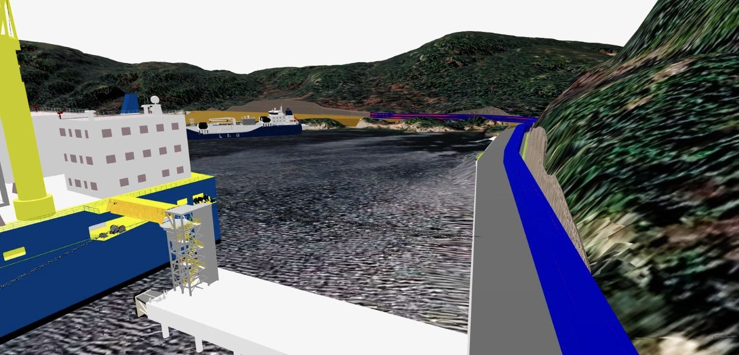 Close 3D view of infrastructure proposals interacting with coastal landscape