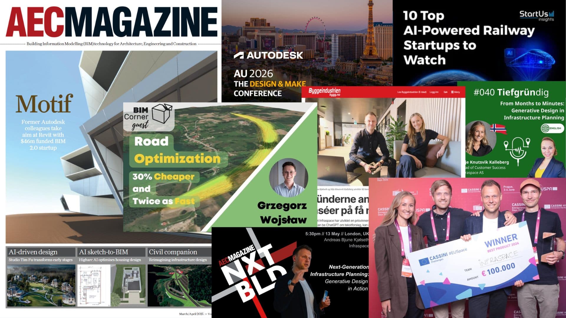 Collage of press coverage, conference appearances, podcasts, and industry recognition featuring Infraspace