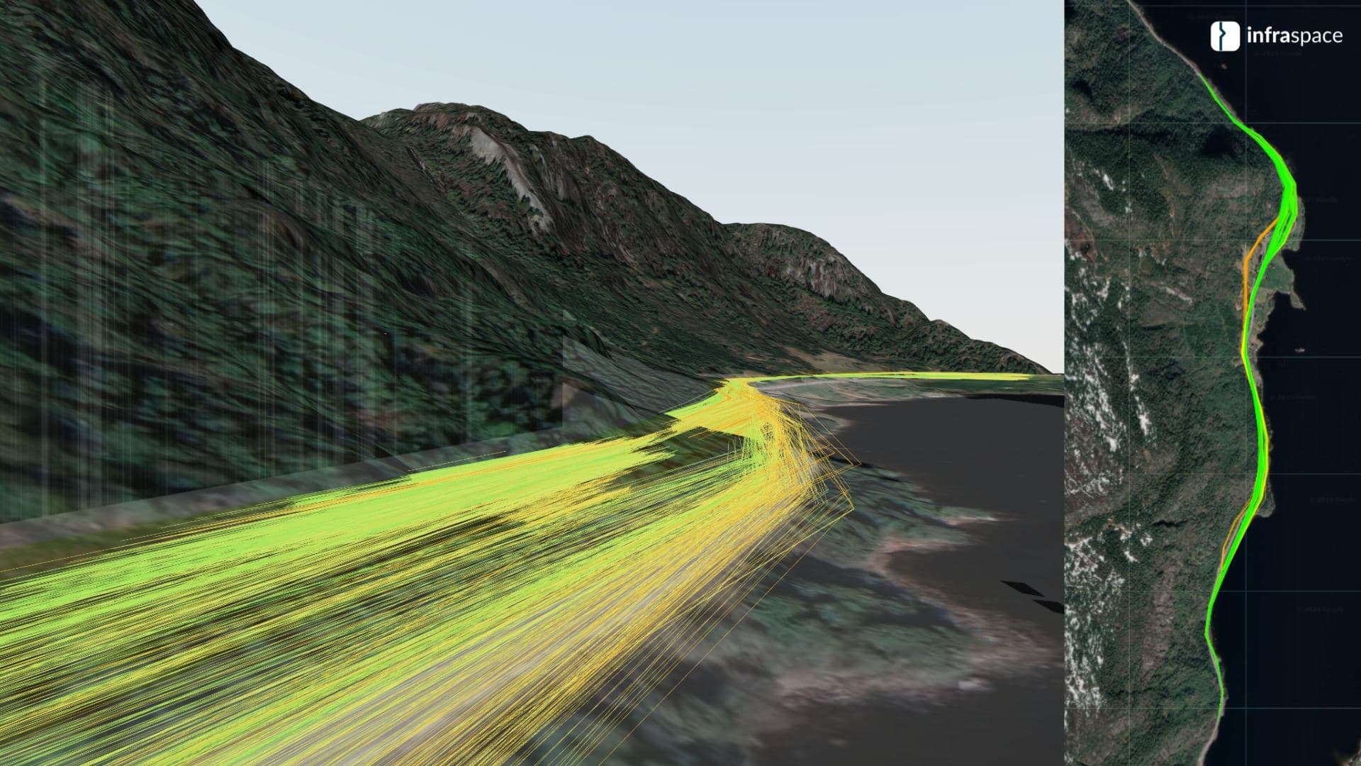 Infraspace web interface comparing road design alternatives with 3D visualization, map view, and KPI dashboards