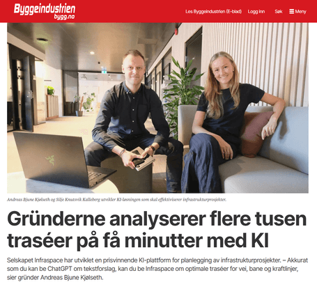 Infraspace featured in Bygg.no: The founders analyze thousands of routes in minutes using AI