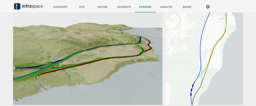 Infraspace AI tool showing road alignment options